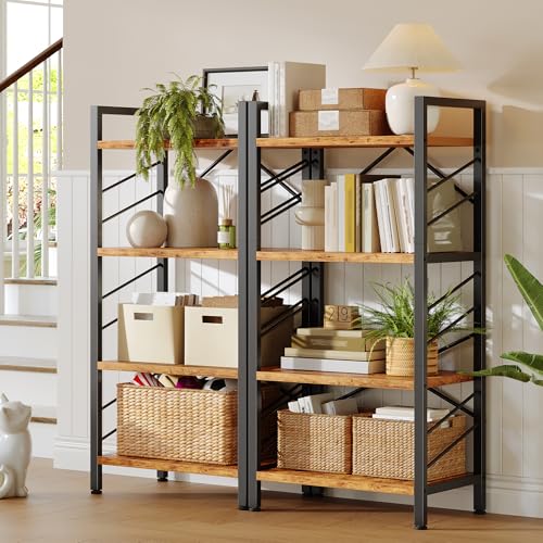 DurayLoly 2 Pieces 4 Tier Bookshelf for Narrow Space, Rustic Brown | Small Space Dwellers , Sidebars and Metal Frame - color: Rustic Brown, size: 4 Tier - 2 pcs