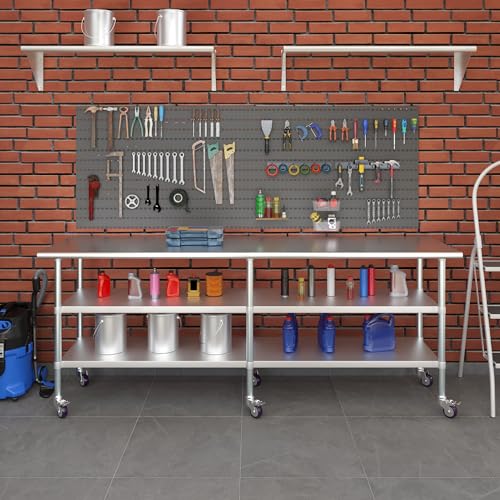 AmGood Stainless Steel Work Table with 2 Shelves and Casters | Metal Utility Table On Wheels (Stainless Steel, 96" Long x 24" Deep) - size: 96" Long x 24" Deep