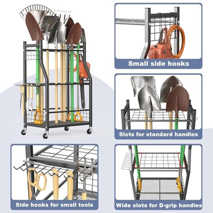 WALMANN Garden Tool Organizer with Wheels for Garage, Rakes/Shovels/Yard Tools Storage Stand for Garden, Shed, Indoor/Outdoor Long-Handled Tools Rolling Cart - style: Medium-stand