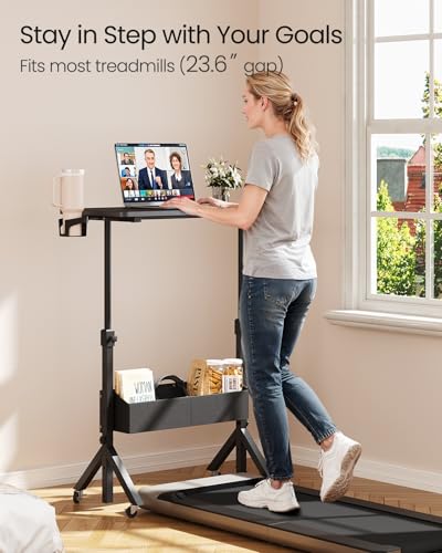 ErGear Mobile Standing Desk with Wheels, Adjustable Height 28.3″ to 46.1″, Rolling Laptop Cart with Cup Holder, Storage Basket, Computer & Pen Slot, Home Office Stand Up Desk, Black (31.5″ x 15.75″) - color: Black