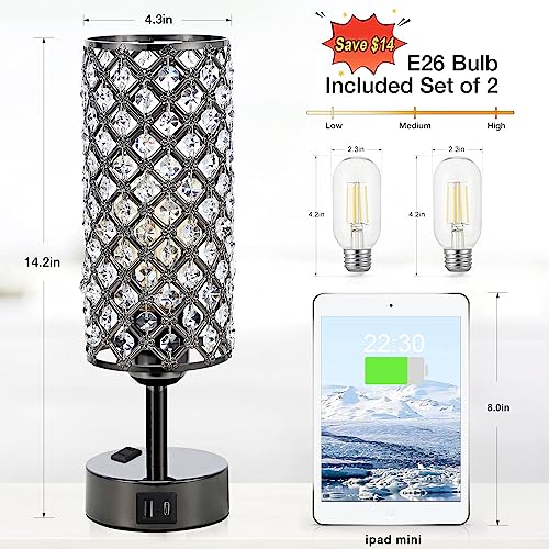 Hong-in Crystal Table Lamp Touch Control Set of 2, 3-Way Black Crystal Lamps with USB C+A Ports & AC Outlet, Dimmable Nightstand Desk Lamps,Modern Bedside Table Lamp for Bedroom(Bulbs Included) - color: Black