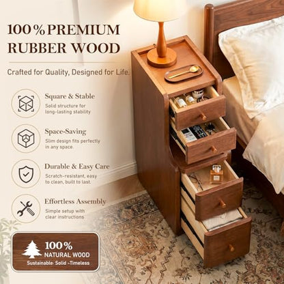 Narrow Nightstand with 4 Drawers, 7.9" Solid Wood Narrow Bedside Table Walnut with Open Shelf & Cable Hole, Modern Night Stand Slim Bedside Table for Bedroom(Fully Assembly) - color: Walnut