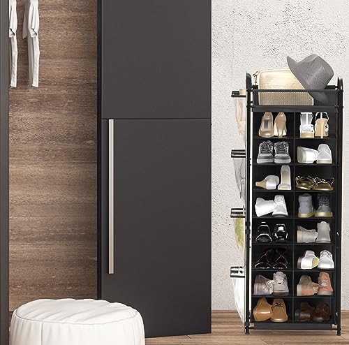 Simple Houseware 16 Cube Shoe Stand Tower Rack 8 Tier, Black | Top Shelf and Side Hanging Pockets - color: Black