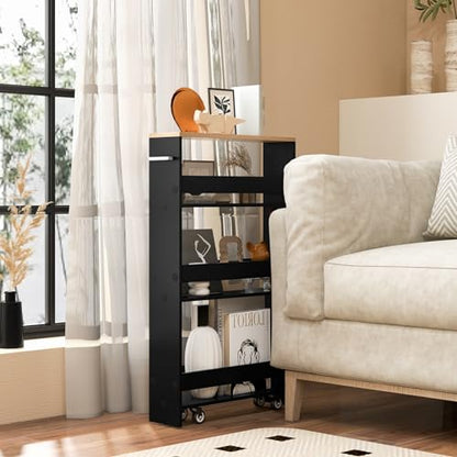 LOKO Slim Storage Cart, 4-Tier Rolling Cart with Handle & Wooden Top for Kitchen Bathroom Laundry Living Room Narrow Small Spaces, 5 Inches Width (Black & Natural) - color: Black & Natural