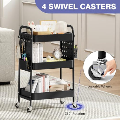 KINGRACK 3 Tier Rolling Cart with DIY Pegboard, Metal Utility Cart with Wheels, Hooks & Baskets, Sturdy Storage Organizer for Craft, Bathroom, Kitchen, Office, Nursery, Classroom - color: Black