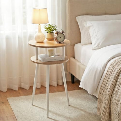 Small End Table for Living Room, 2-Tier Round Side Table with Metal Leg,Compact Sofa Circle Bedside Table Nightstand with Storage, Accent Table for Bedroom, Natural Wood - color: Oak and White