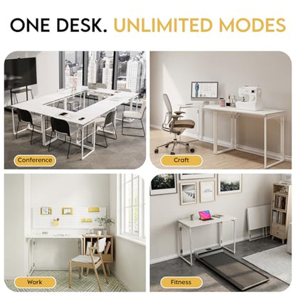 31.5" Folding Desk: No Assembly, Wood Top for Small Spaces | Home office desk, holds 150 lbs, folds flat to 2.3 in, splash-proof wood top, sturdy metal frame - color: White, size: 31.5"W x 15.7"D