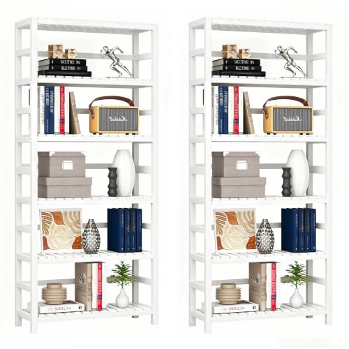 VASMIA 6-Tier Bamboo Shelf Set of 2,Bamboo Storage Shelving Unit,Tall Bookcase with Adjustable Shelves,Multipurpose Storage Display Shelf for Bathroom, Living Room, Balcony, Kitchen,White - color: White, size: 6-Tier-2 Packs