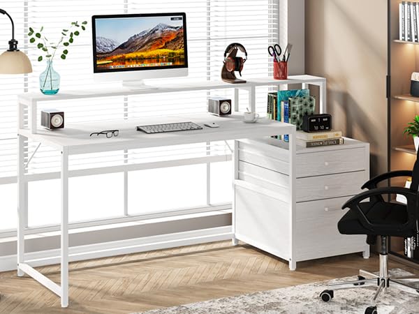 Tribesigns 63 Inch Computer Desk with File Drawer Cabinet, Ergonomic Office Desk with Monitor Stand, Computer Table with Printer Space, Wood PC Table Workstation Desk for Home Office, White - color: White