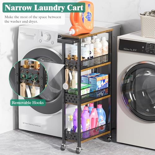 4-Tier Slim Rolling Storage Cart for Kitchen Bathroom Organizer, Mobile Narrow Storage Cabinet Utility Cart with Wood Rack on Wheels for Pantry Laundry Small Space - size: Brown/Net Bar