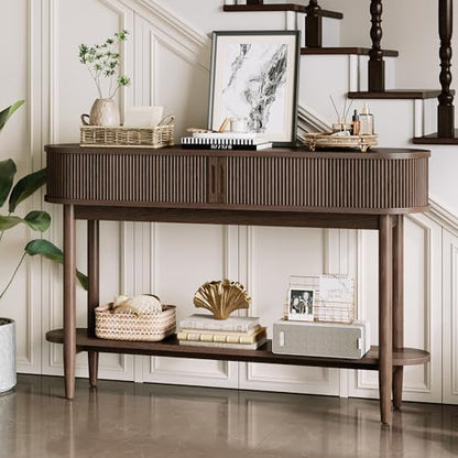 LINSY Fluted Console Table with Storage and Shelves, Walnut | Entryway Table, Wood Entrance, Behind Couch Sofa Table, Foyer Tables for Hallways, Living Room Boho Furniture, Narrow Long - color: Walnut