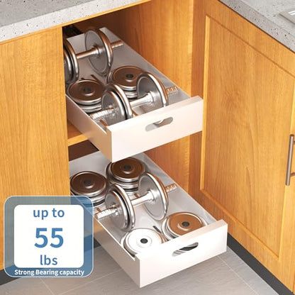 HBL' 1 Pack | 21" Deep Pull Out Cabinet Organizer Adhesive, 10-Inch Wide Sturdy Carbon Steel Roll-Out Drawers, Designed for Frameless Cabinets, Slide-Out Shelves for Pantry. - size: 21"D x 10.0"W x 3.1"H
