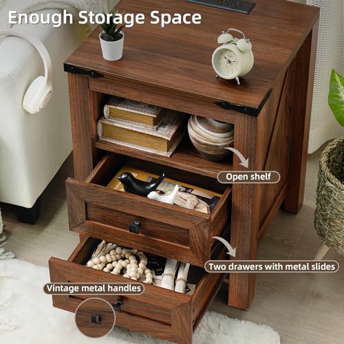 Joaxswe Nightstands Set of 2 with Charging Station, Farmhouse Side End Table with 2 Drawers and Open Shelf, Wood Rustic Sofa Table, Bedside Cabinet for Bedroom, Living Room, Closet, Office(Brown) - color: Brown, size: 2 pack