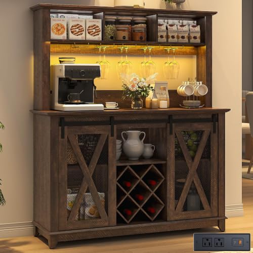 47"Wide 56"H Farmhouse Coffee Bar Cabinet with Power Outlet and LED Light,Wine Bar Cabinet w/3 Storage Hutch,Kitchen Buffet Cabinet with 10 Wine and Glass Racks for Kitchen Dining Room(Brown) - color: Brown, size: 47 in