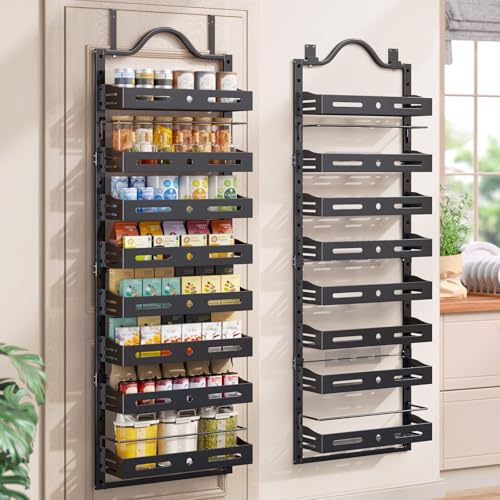 8-Tier Pantry Door Organizer, Large 2 IN 1 Wall Mount or Over The Door Pantry Organizer, Pantry Door Spice Rack with Adjustable Baskets, Over Door Organizer for Kitchen,（72.6×17.1×5.1in,Black) - color: Black, size: 8-Tier (17.1"W x 5.7"D x 72.6"H)