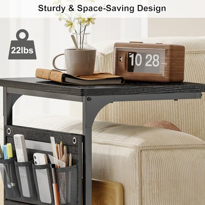 Fixwal C Shaped Side Table Adjustable Height End Table for Couch Small Sofa Table TV Tray with Storage Bag for Living Room, Bedroom & Office, Black - color: Black, style: Wide Board