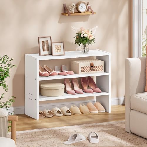 Hoctieon 3-Tier Expandable Shoe Shelf, Adjustable Shoe Shelf Storage Organizer, Stackable Iron Wood Combination Free Standing Shoe Rack for Entryway, Closet, Doorway, White - size: 1 Pack(3-Tier)