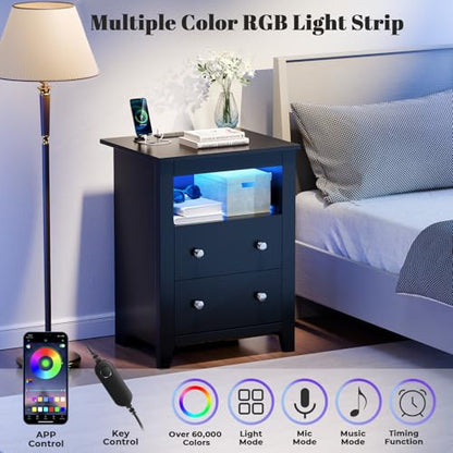 Loomie Black Nightstand with Gun Drawer, Night Stand with Charging Station & LED Lights, Bedside Table with Tray & 2 Drawers, End Side Table with Hidden Compartment for Valuables Storage