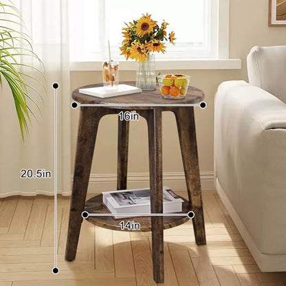 Small Round Side Table Wooden End Table with Lower Shelf Modern Nightstand Bedside Table for Small Spaces, Living Room, Bedroom Retro Brown - color: Brown