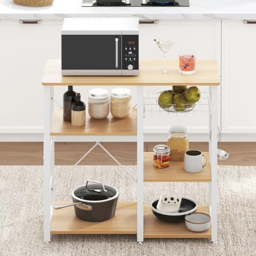 soges 3-Tier Kitchen Baker's Rack, Compact Microwave Stand, White Oak | Space-saving for Apartments, Kitchen, Pantry, Living Room, Sliding Storage Basket, 5 Hooks, Sturdy X-Frame, Easy Assembly - color: White Oak