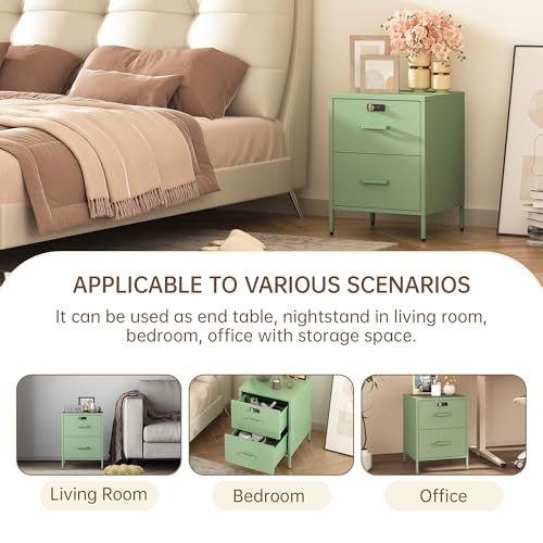Steehoom Metal Nightstand with Lock, 2 Drawer End Side Table, Lockable Storage Cabinet Kids Cabinet for Living Room, Bedroom, Dorm, 21.26”H X 15.75”W X 15.75”D (2 Drawer, Green) - color: Green, style: 2 Drawer