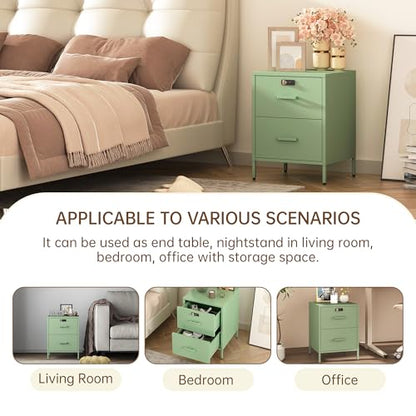 Steehoom Metal Nightstand with Lock, 2 Drawer End Side Table, Lockable Storage Cabinet Kids Cabinet for Living Room, Bedroom, Dorm, 21.26”H X 15.75”W X 15.75”D (2 Drawer, Green) - color: Green, style: 2 Drawer