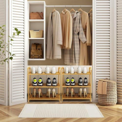 3 Tier Metal Shoe Rack Organizer Vertical Design Entryway Storage Cabinet for Entrance or Kitchen Small and Narrow Free Standing Gold