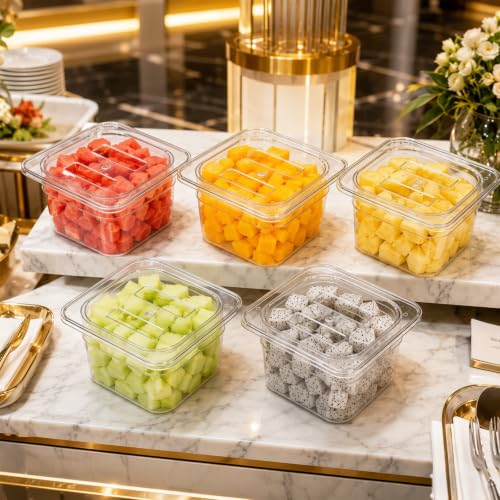 Bekith 6 Pack 1/6 Size Plastic Clear Food Pans with Lids for Kitchen Restaurant Food Prep, 4 Inches Deep