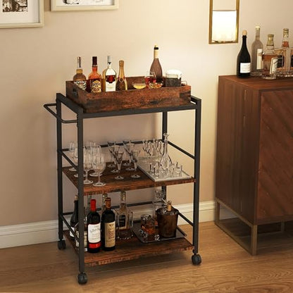 3 Tier Kitchen Cart, Rolling Bar Cart, Rustic Brown&Black | SKANDIQUIP 3 Tier Rolling Bar Cart, Mobile Kitchen Serving Cart for Tea, Coffee & Liquor with Removable Tray