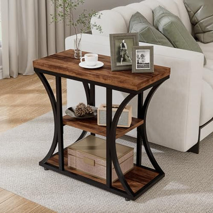 3 Tier End Table with Storage, Narrow End Table for Living Room and Bedroom, Small Space Wood and Metal Side Table, Rustic Brown - color: Rustic Brown