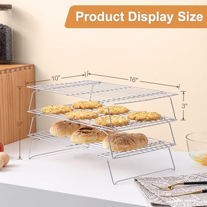 Cooling Rack for Baking 3 Tiers, 16" x 10" Cookie Cooling Wire Rack Stackable Collapsible Nonstick, Stainless Steel Baking Cooking Cooling Racks with Optimum Air Flow, Silver - color: Silver, size: 16"x10"-3Tier