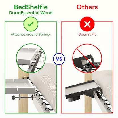 BedShelfie Wood Bedside Shelf for Dorm Room - White | Bunk Bed & Top Bunk, College Dorm Room Essentials, Loft Nightstand, Floating Bed Side Table Tray, By Smallish - color: White