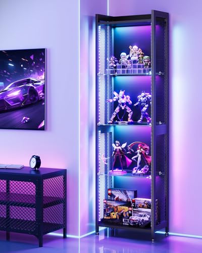 AODK Display Case with LED Lights, Display Cabinet with Open Glass Shelves for Small Space, 4-Tier Corner Display Shelf with Industrial Mesh, Curio Cabinet for Collectibles, Bookcase - size: 63 Inch