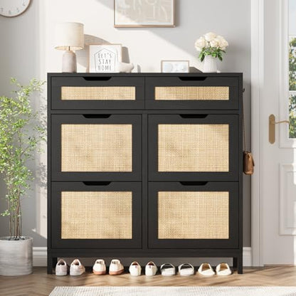 Jocoevol Rattan Shoe Cabinet for Entryway, Boho Shoe Storage Cabinet with 4 Flip Drawers and 2 Drawers, Narrow Freestanding Shoe Rack with Metal Legs for Entryway/Hallway/Foyer (Black) - color: Black