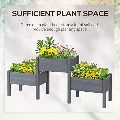 Outsunny Raised Garden Bed with 3 Planter Box, Elevated Wooden Plant Stand with Drainage Holes, for Vegetables, Herb and Flowers, Gray - color: Gray, size: 6.04' x 1.48' x 2.63'