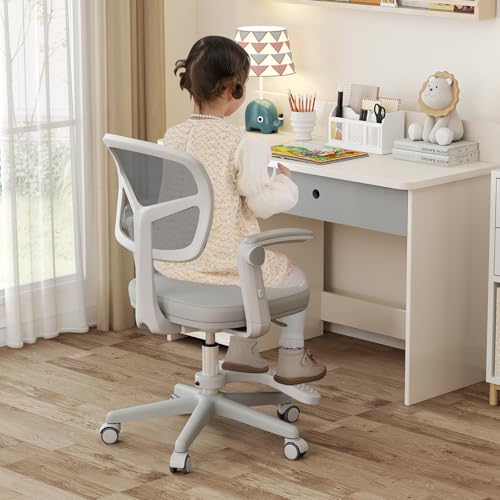HONEY JOY Kids Desk Chair, Children Study Chair with Adjustable Height/Armrest/Footrest, Swivel Rolling Mesh Task Student Chair, Kids Computer Chair for Teens Girls Boys, Home, School, Office (Grey) - color: Grey