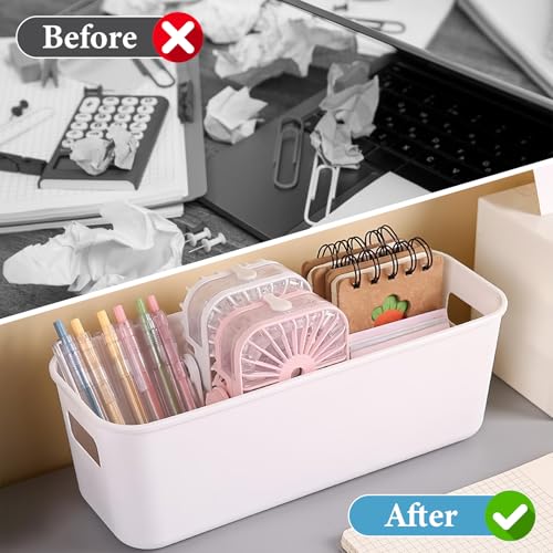 10Pcs White Narrow Storage Bins, 10" Long Bathroom Organizing Bins, Plastic Storage Basket Open Drawer Organizer Box with Handle for Bathroom Kitchen Office Vanity Pantry Shelves