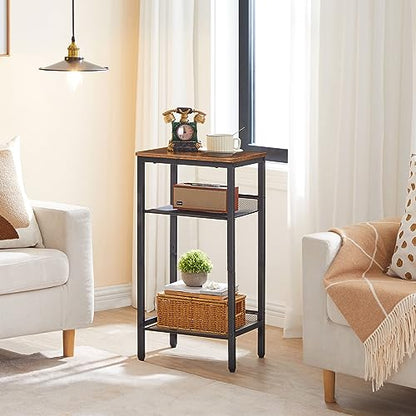 HOOBRO Side Table, 3-Tier Tall End Telephone Table with Adjustable Mesh Shelves, Small Entry Table for Living Room Bedroom Hallway or Office, Rustic Brown and Black BF01DH01G1 - color: Rustic Brown + Black