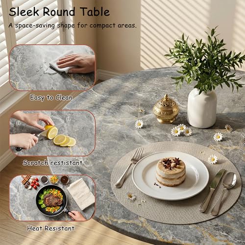 27.6" Marble Round Tulip Table, Mid-Century Modern Style Dining Table with Gold Pedestal Base for 2-4 People, Featuring A Marble Tabletop for Kitchen, Dining Room, Cafe (Dark Grey) - color: Dark Grey#gold