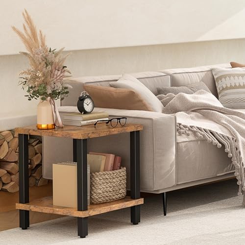 MMEOLUOOK Large End Table Square Side Table Modern Sofa Table 20 Inch Industrial Coffee Table NightStand with 2-Tier Storage Shelf for Living Room Bedroom Rustic Brown MLBZ06R - color: Rustic Brown