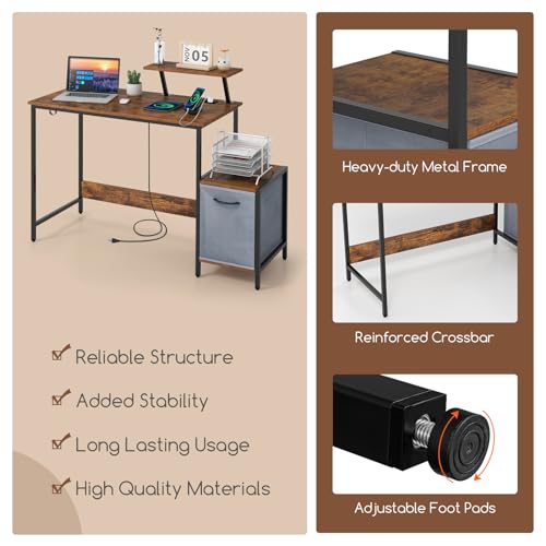 Giantex Computer Desk with Drawer and Power Outlet, Home Office Desk with Reversible Storage Drawer & Raised Shelf, Computer Workstation with Hook, Industrial Study Writing Desk for Study, Bedroom