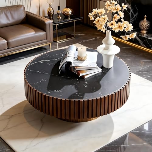 Round Coffee Table Walnut Ø35.43'' X 13.77''H Drum Coffee Tables Sintered Stone Tabletop for Living Room Small Space Fluted Circle Cocktail Tea Modern Center Apartment Home Furniture Easy Assembly - color: 35.43 Walnut Sintered