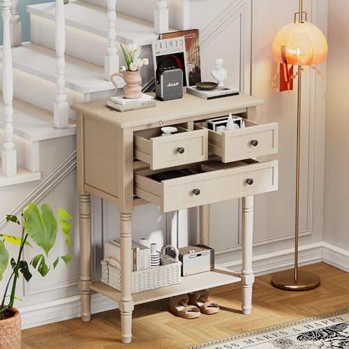 24'' Entryway Table, Small Console Table with Storage Drawers and Shelf, Hallway Table for Entryway Hallway Foyer, Farmhouse Solid Wood Frame (Beige) - color: Beige