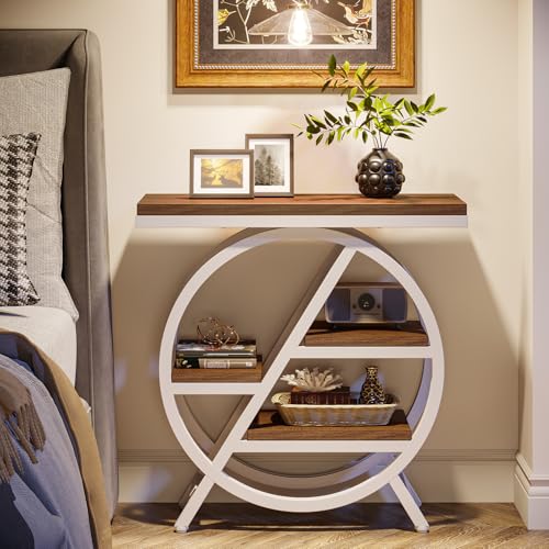 Tribesigns End Table for Living Room, 3-Tier Narrow Side Table with Storage, Wood Sofa Side Table with Geometric Metal Frame, Industrial Nightstand and Bedside Table for Bedroom (Light Brown+White) - color: Light Brown&white