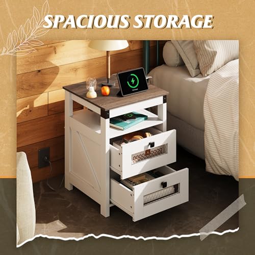 WLIVE Nightstand with Charging Station, Farmhouse End Table, Bed Side Table with 2 Storage Drawers and Open Shelf, Wood Rustic Nightstands for Bedroom, White - color: White, style: Farmhouse