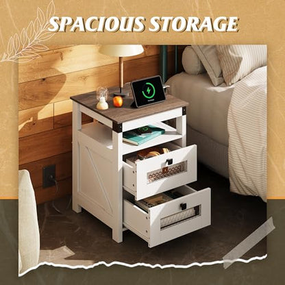 WLIVE Nightstand with Charging Station, Farmhouse End Table, Bed Side Table with 2 Storage Drawers and Open Shelf, Wood Rustic Nightstands for Bedroom, White - color: White, style: Farmhouse