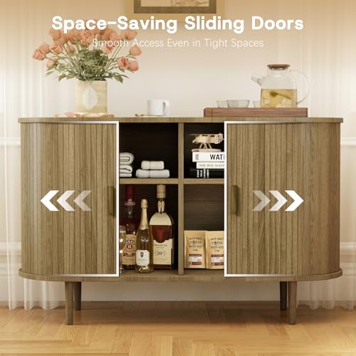 Fluted Sideboard Buffet Cabinet with Storage, 47" Mid-Century Modern Console Table with Sliding Doors, Wood Credenza for Dining Room, Coffee Bar Station, Brown