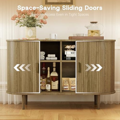 Fluted Sideboard Buffet Cabinet with Storage, 47" Mid-Century Modern Console Table with Sliding Doors, Wood Credenza for Dining Room, Coffee Bar Station, Brown