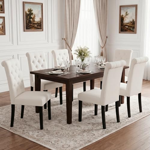 LSSBOUGHT Upholstered Dining Chairs Set of 6,Tufted Parsons Kitchen Chair with Solid Wood Legs, Modern Towel Fabric Side Chair for Dining Room/Restaurant(6pcs,Beige) - color: Beige-fabric, size: Set of 6