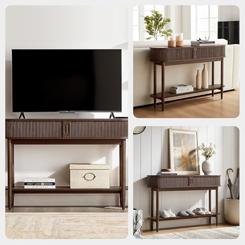 LINSY Fluted Console Table with Storage and Shelves, Walnut | Entryway Table, Wood Entrance, Behind Couch Sofa Table, Foyer Tables for Hallways, Living Room Boho Furniture, Narrow Long - color: Walnut